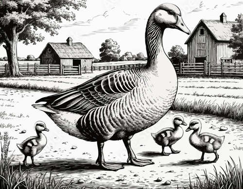 Mother Goose with Ducklings Walking on Farmyard  
