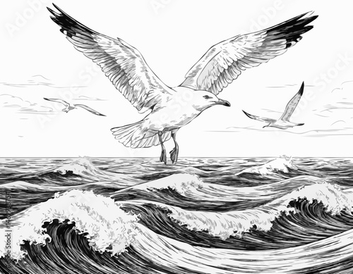 Seagull soaring over turbulent ocean waves in black and white  
