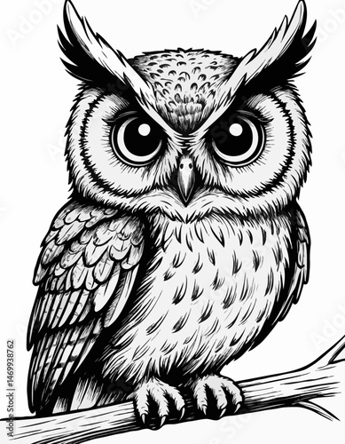 Detailed black and white illustration of an owl perched on a branch  