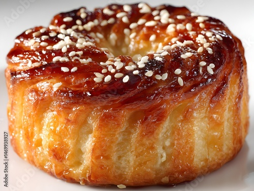 A delicious golden-brown pastry with a swirl design is topped with sesame seeds and a glossy glaze.