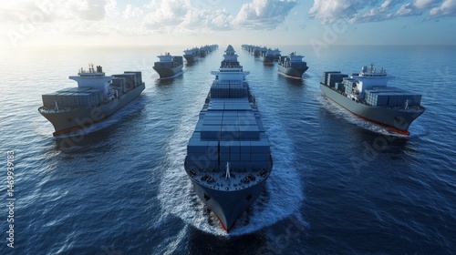 A fleet of cargo ships traversing the open ocean.