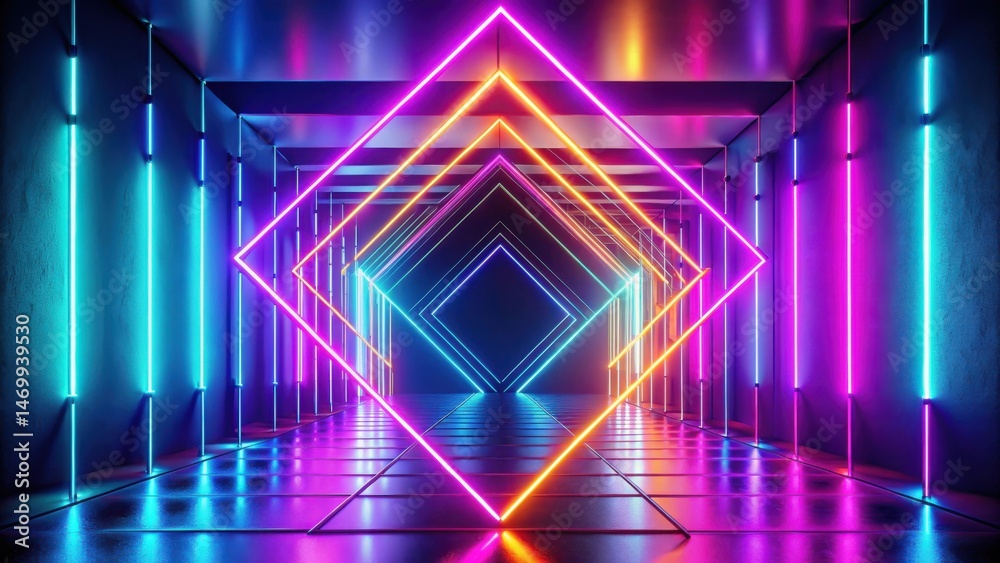 Fototapeta premium Vibrant Neon Corridor An Immersive Display of Colorful Geometric Light Structures in a Reflective Environment