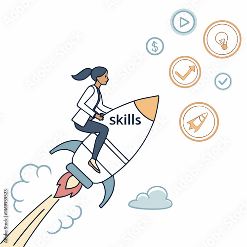 Businesswoman on a rocket achieving skills and career development illustrated concept