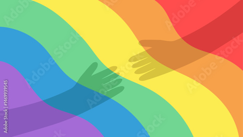 Two translucent hands reach toward each other over a flowing rainbow-striped background, symbolizing unity, inclusion, and LGBTQ+ solidarity