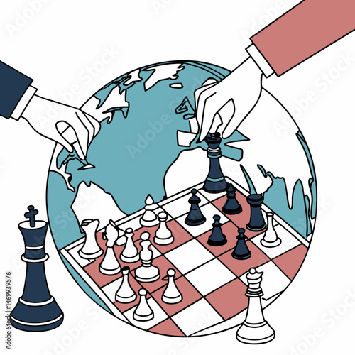 Global strategy and leadership illustrated with chess pieces and globe visualization