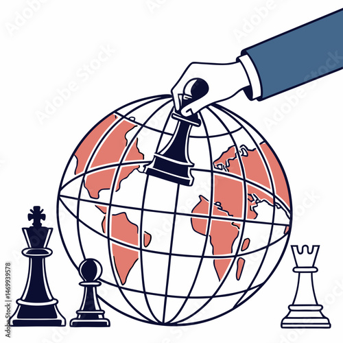 Global strategy conceptual illustration depicting chess pieces on a globe with hands