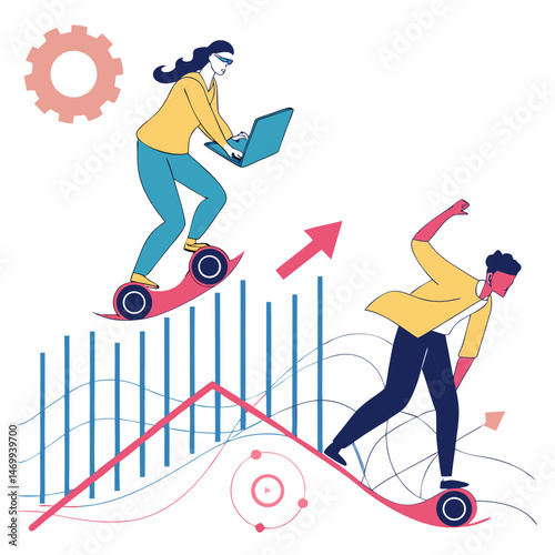 Two individuals surfing abstract waves illustrating technological progress and innovation