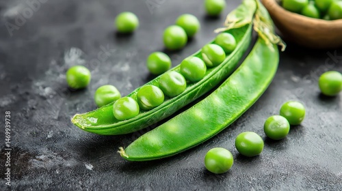 Fresh green peas in an open pod