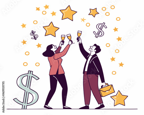Colleagues celebrating under a shower of money vector silhouette design with transparency
