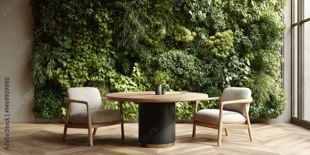 Obraz premium Light oak round table, black base, two chairs, white seats. Green living wall. Bright studio light. Scandinavian, herringbone floor aesthetic.