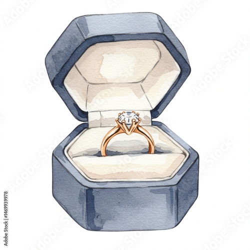 Watercolor Illustration of Diamond Engagement Ring in Blue Box