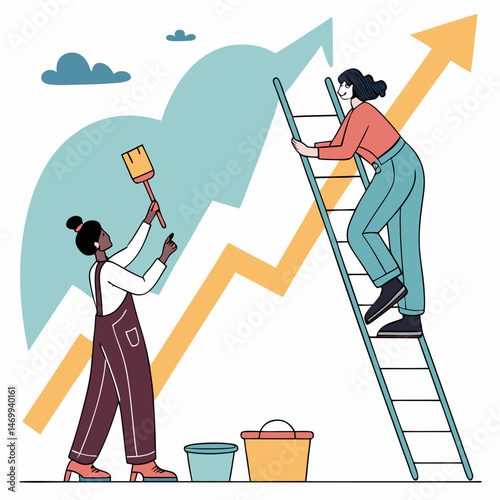 Collaborative team effort painting an upward trending growth arrow with a sunny beginning
