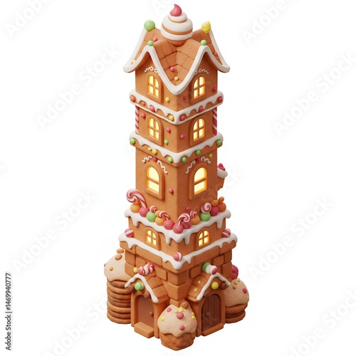 Tall Gingerbread House with Decorative Icing and Candy Ornaments with Warm Interior Glow on White Background