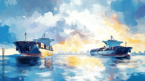 Two cargo ships at sea, painted in soft colors.