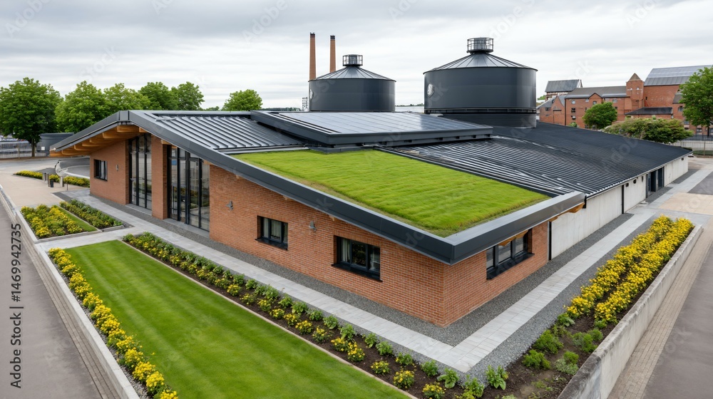 High-angle shot of a modern sustainable biogas plant with circular anaerobic tanks, co-gen engine hall, solar panel canopy, and biodiversity corridors planted with native wildflowers
