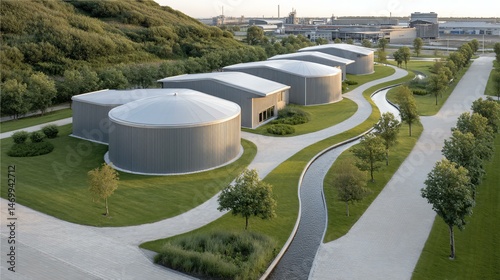 Obraz na płótnie High-angle drone image of a circular biogas complex with methane recovery tanks, PV canopies shading access roads, sustainable drainage swales, and organic waste sorting yard in a green corridor w salonie