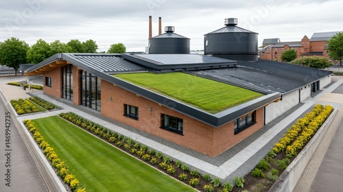 Obraz na płótnie High-angle shot of a modern sustainable biogas plant with circular anaerobic tanks, co-gen engine hall, solar panel canopy, and biodiversity corridors planted with native wildflowers w salonie