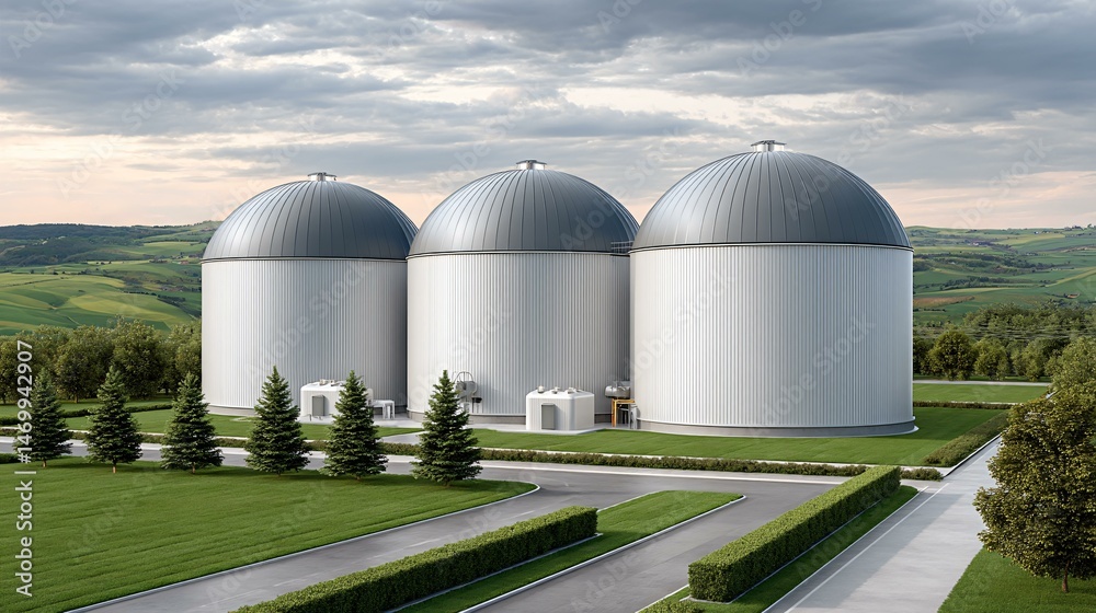 Top-down composition of a solar-hybrid biogas plant showcasing dome reactors, solar tracker arrays, insulated cogeneration units, and green buffer belts lining service roads