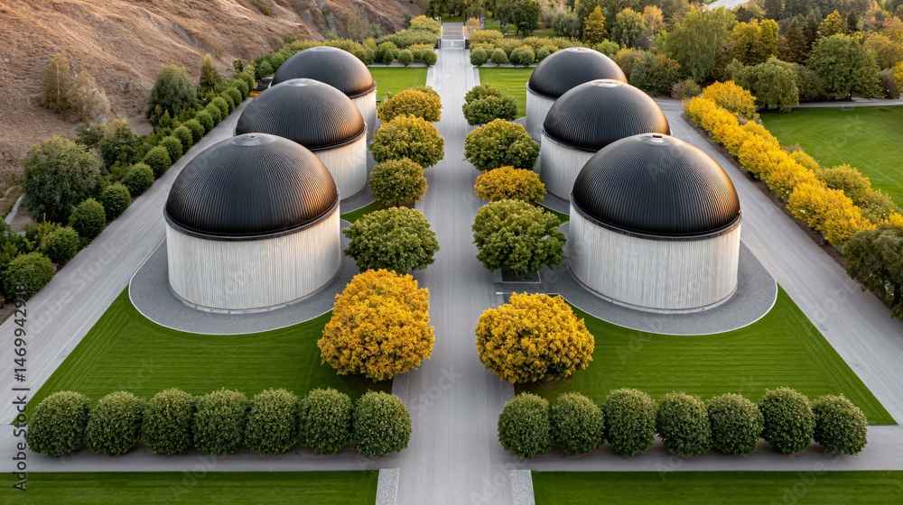 Top-down composition of a solar-hybrid biogas plant showcasing dome reactors, solar tracker arrays, insulated cogeneration units, and green buffer belts lining service roads