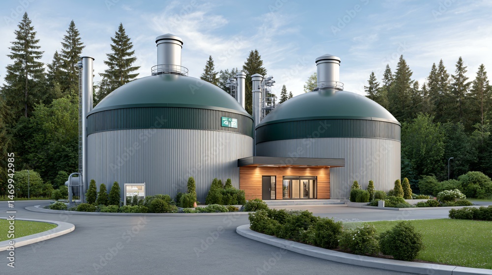 Top-down rendering of a modern agricultural biogas plant featuring transparent control pods, automated feedstock sorting lines, methane upgrading columns, and solar-powered monitoring drones