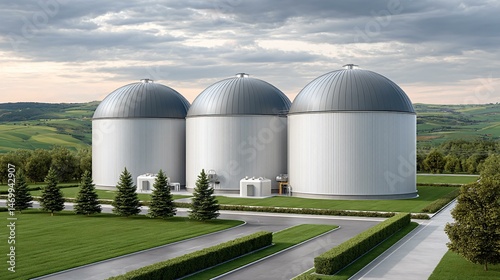 Obraz na płótnie Top-down composition of a solar-hybrid biogas plant showcasing dome reactors, solar tracker arrays, insulated cogeneration units, and green buffer belts lining service roads w salonie