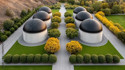 Obraz na płótnie Top-down composition of a solar-hybrid biogas plant showcasing dome reactors, solar tracker arrays, insulated cogeneration units, and green buffer belts lining service roads w salonie