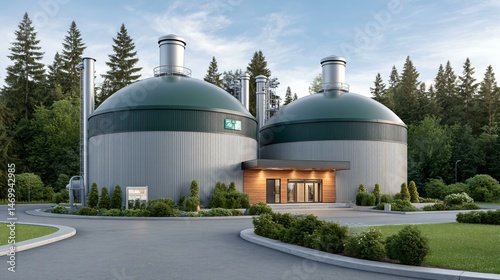 Obraz na płótnie Top-down rendering of a modern agricultural biogas plant featuring transparent control pods, automated feedstock sorting lines, methane upgrading columns, and solar-powered monitoring drones w salonie