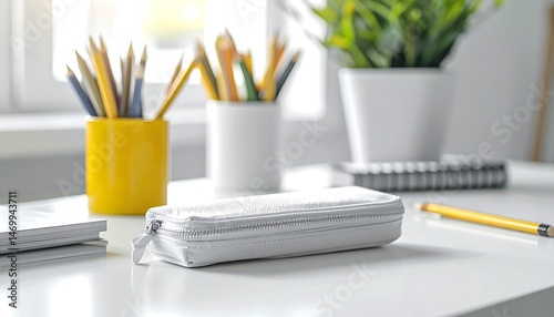 White Pencil Case and School Supplies on Bright Desk