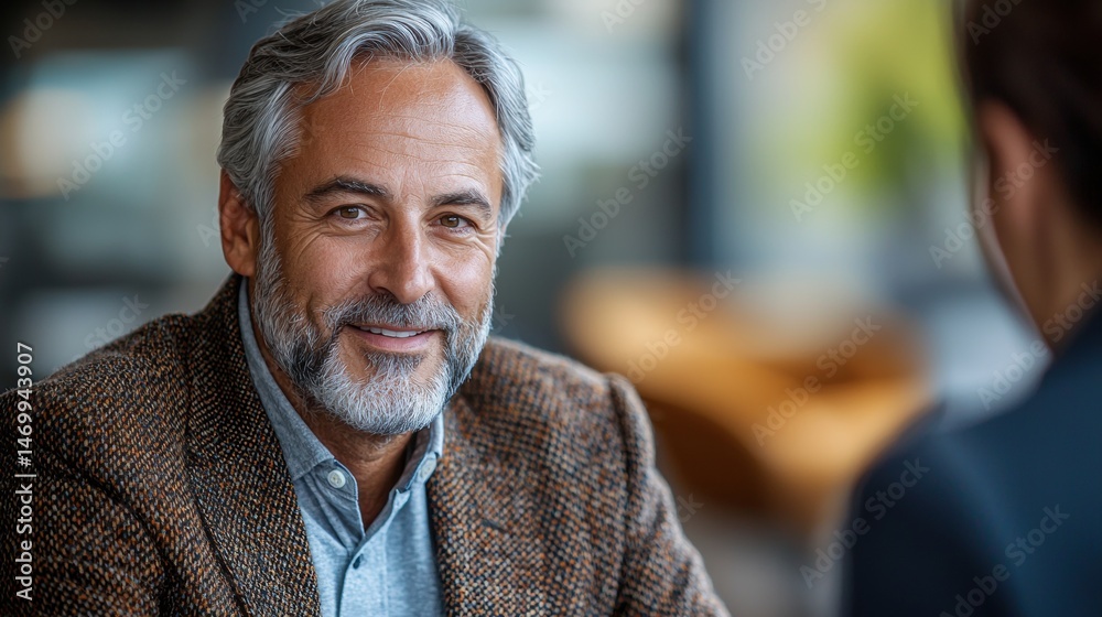 Naklejka premium Smiling mature businessman with gray beard sits confidently du a meeting with a colleague in a bright, modern office environment, radiating experience.