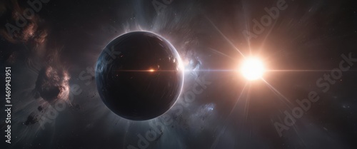 Intensely bright orb floats in dark nebula, cosmic scene ,  astral,  energy