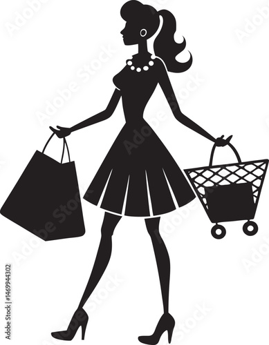 Stylish Woman, girls Shopping vector illustration Silhouettes, line art  with bag ,Fashion & Retail Vector Collection