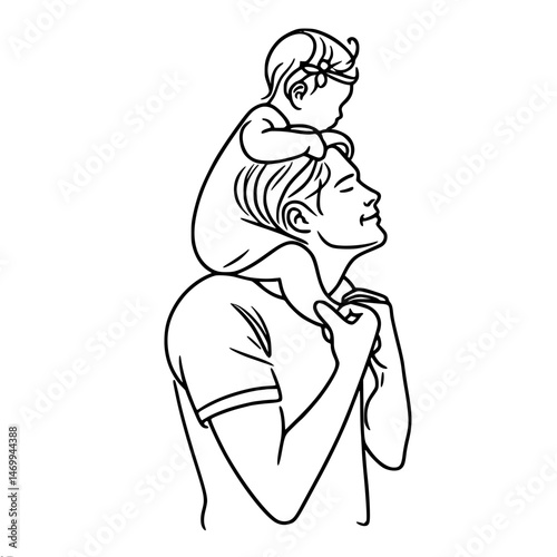 Father enjoying time with baby one year old on shoulders in play moment, one line contour vector
