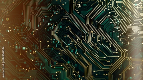 Circuit board texture, intricate green and gold wiring, with white background