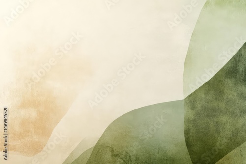 Abstract shapes in earth tones. Light beige and shades of green create soft, overlapping forms and a textured surface.