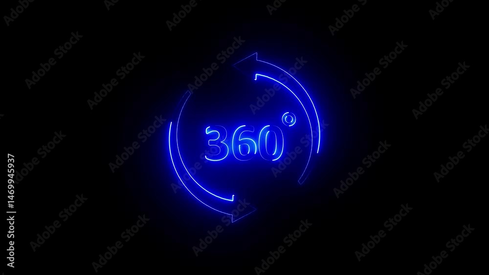 360 degree views icons. Round signs with arrows rotation to 360 degrees. Neon sign 360 degree views icons. Round signs with arrows rotation to 360 degrees. Neon sign