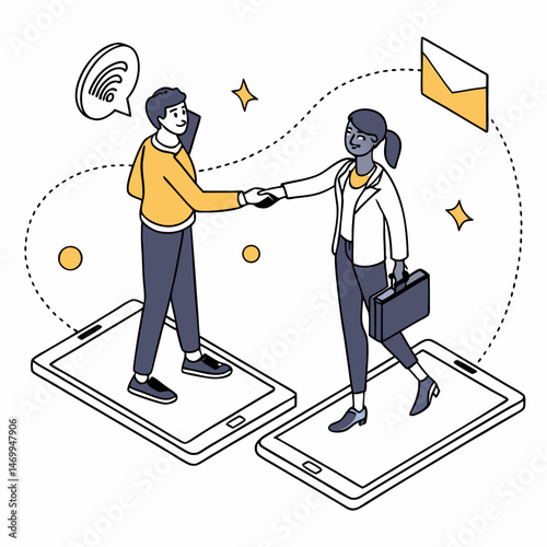 Business people on smartphones concluding agreement concept with modern flat style