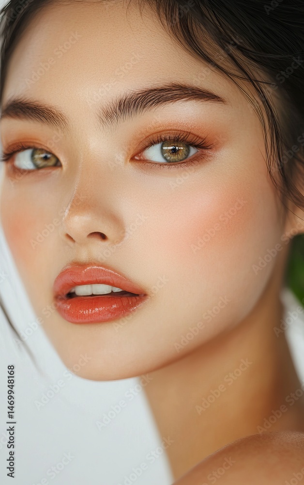 Fototapeta premium beautiful asian woman with clear skin, white background, close up portrait, beauty photography, soft lighting, high resolution photography, hyper realistic, skin texture generative ai
