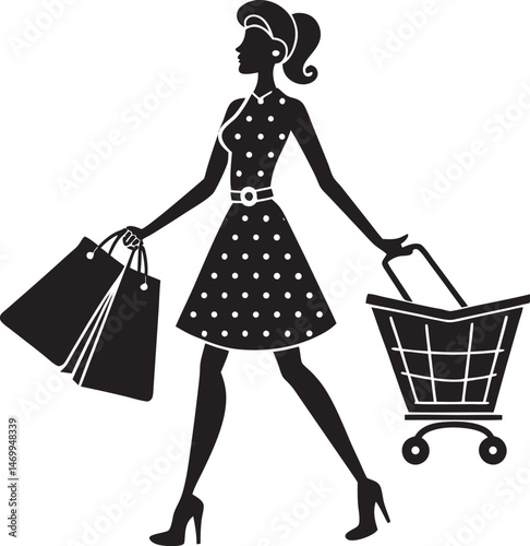 Stylish Woman, girls Shopping vector illustration Silhouettes, line art  with bag ,Fashion & Retail Vector Collection