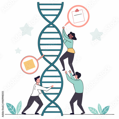 Scientists analyze dna sequence with books and innovative medical breakthroughs illustration