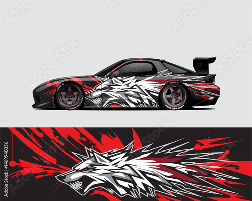 Aggressive Wolf Livery Drift Car Vector Illustration, A bold and dynamic vector illustration of a drift car featuring an aggressive wolf head livery in red, black, and white