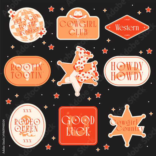 Set of Cowgirl Stickers. Vector Design Elements. Collection of Rodeo Queen. Wild West, Western Themed, Y2K.