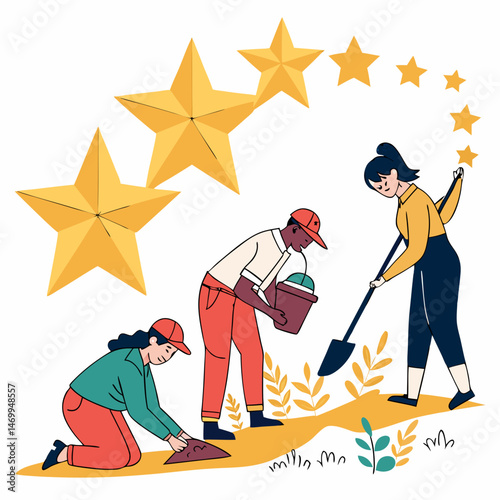 Team nurturing stars representing customer satisfaction and excellent ratings in illustration.