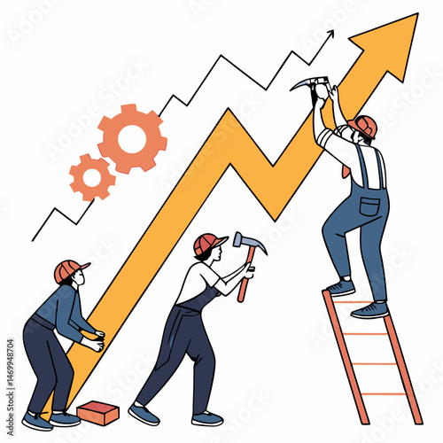 Team of builders working to improve a rising growth arrow in business illustration