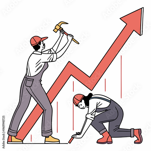 Teamwork building a growth chart illustrating business and economic progress
