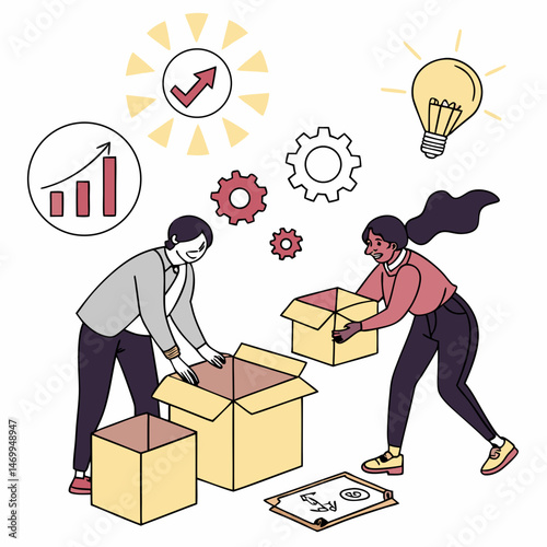 Business team collaboration unpacking boxes and achieving success with creative ideas