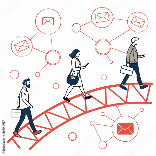 Business professionals walking on bridge with email icons suggesting online communication