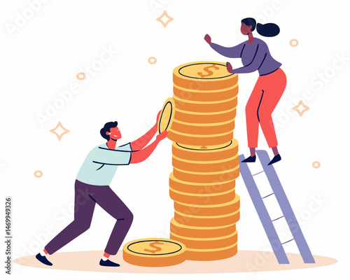 Entrepreneurs building a tower of coins depicted as a black silhouette on a white background