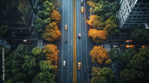 High-angle view of urban street lined with trees.