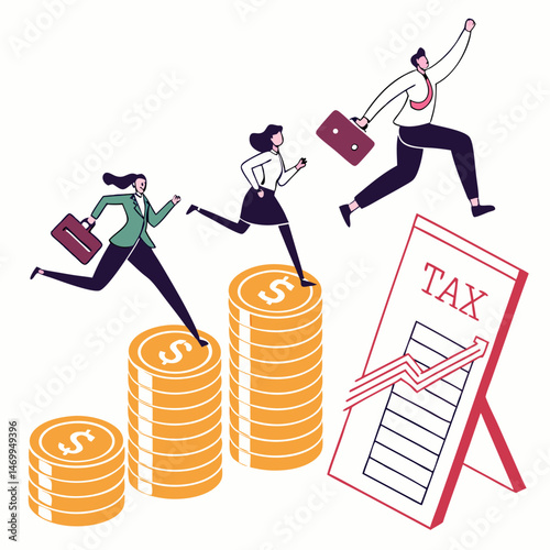 Business professionals pursuing financial success and reaching new heights of income