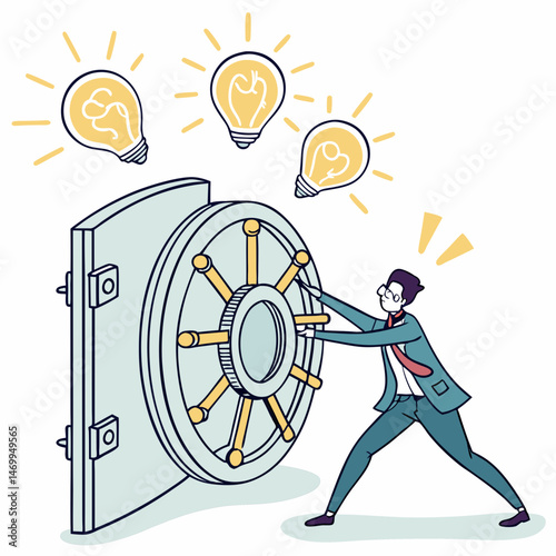 Businessman unlocking the vault to a brilliant idea with a key illustration